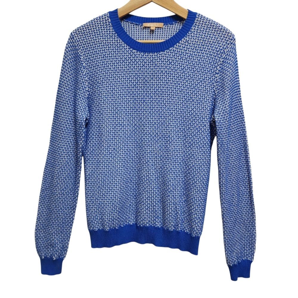Kier + J2 Royal Blue White Cashmere Cotton Knit Long Slv Sweater Women Sz S Crew